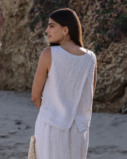 Natural Stone Linen Split Back Top – Sleeveless & Hip-Length
