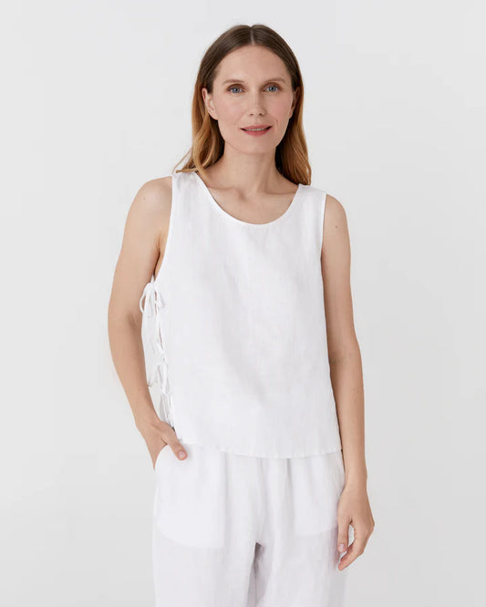 Sleeveless Linen Top with Side Ties – Natural White