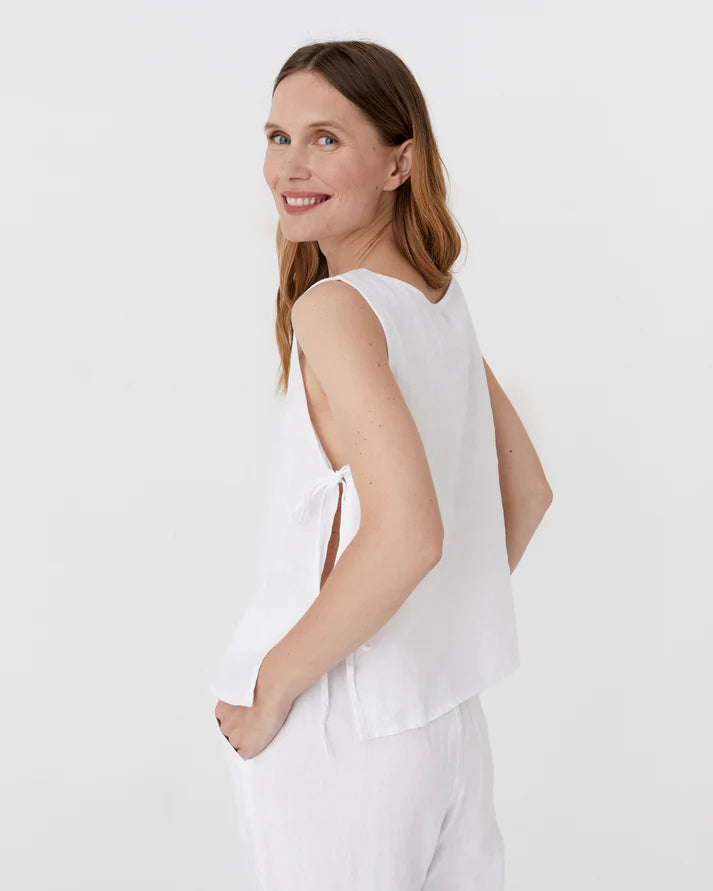 Sleeveless Linen Top with Side Ties – Natural White