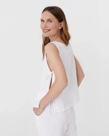 Sleeveless Linen Top with Side Ties – Natural White
