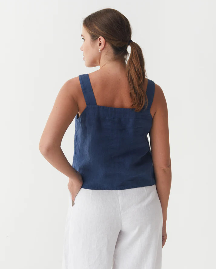 Deep Navy Linen Tank Top – Square Neck with Wide Straps
