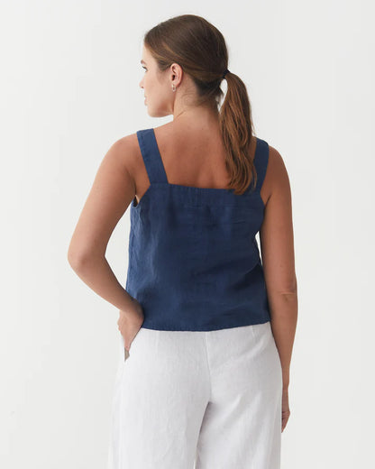 Deep Navy Linen Tank Top – Square Neck with Wide Straps
