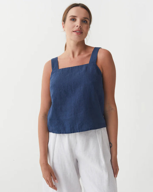 Deep Navy Linen Tank Top – Square Neck with Wide Straps