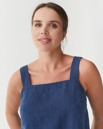 Deep Navy Linen Tank Top – Square Neck with Wide Straps