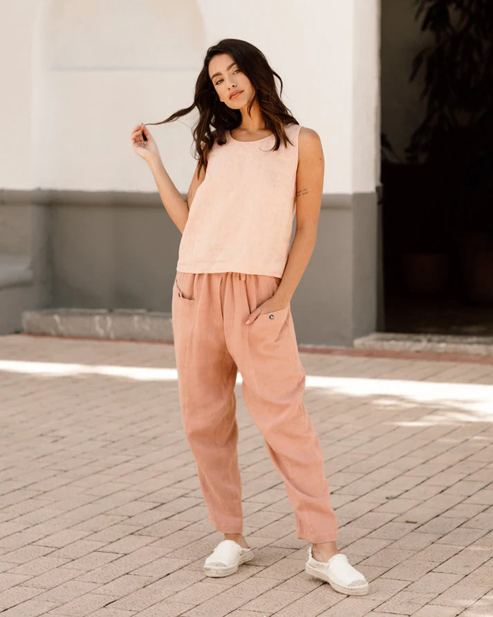 Pink Linen Crop Top – Sleeveless with Round Neck