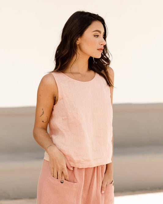 Pink Linen Crop Top – Sleeveless with Round Neck