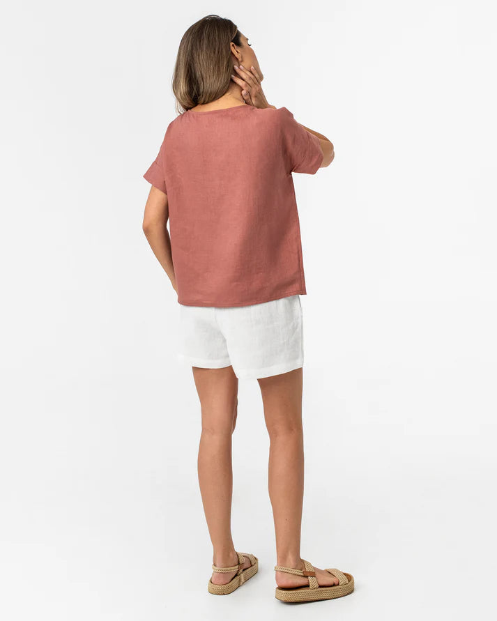 Rose Gold Linen Top – Boat Neck with Short Sleeves | 100% Egyptian Linen