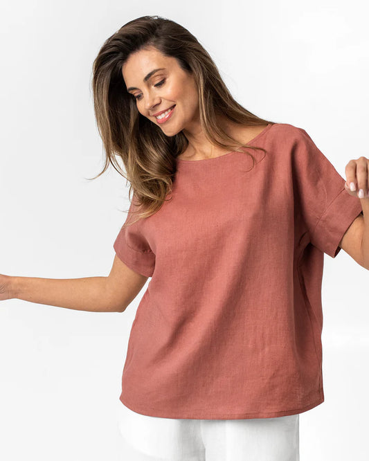 Rose Gold Linen Top – Boat Neck with Short Sleeves | 100% Egyptian Linen