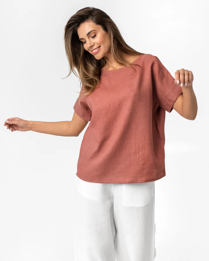 Rose Gold Linen Top – Boat Neck with Short Sleeves | 100% Egyptian Linen