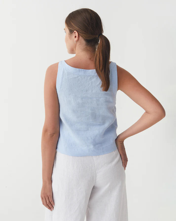 Sky Blue Linen Sleeveless Top – V-Neck & Relaxed Fit