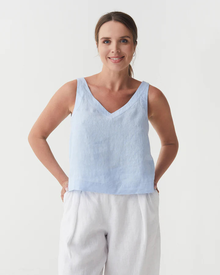 Sky Blue Linen Sleeveless Top – V-Neck & Relaxed Fit