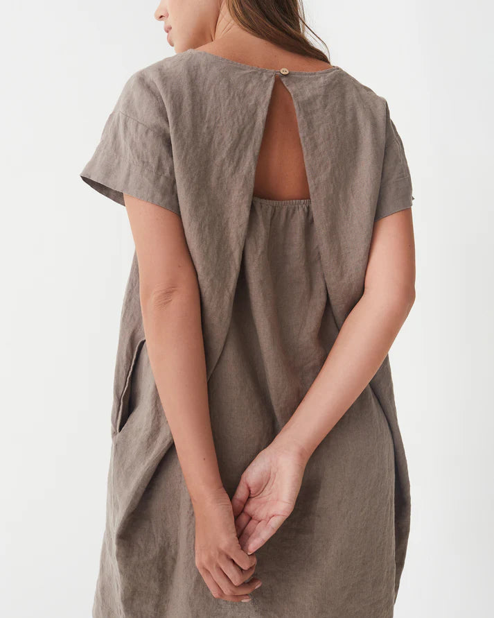 Taupe Linen Mini Dress – Relaxed Fit with Open Back