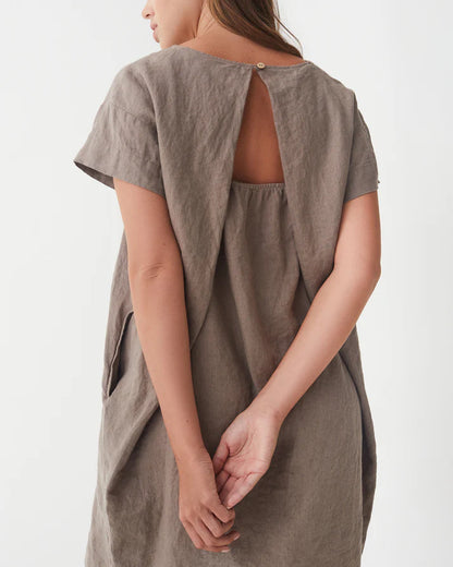 Taupe Linen Mini Dress – Relaxed Fit with Open Back
