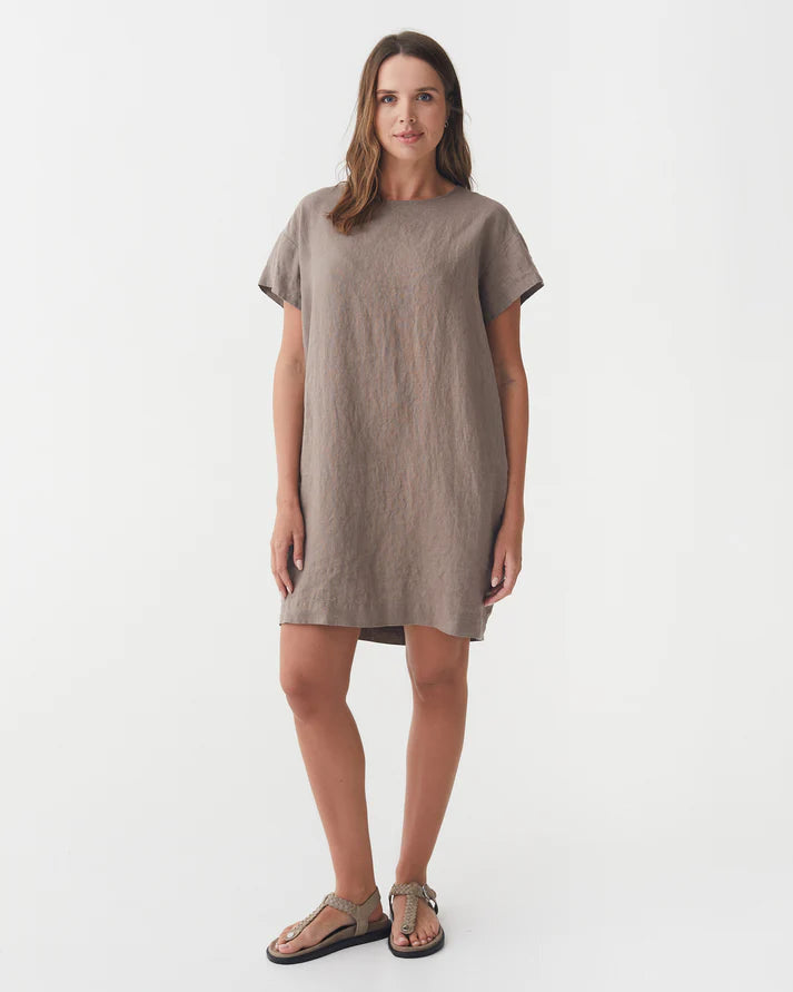 Taupe Linen Mini Dress – Relaxed Fit with Open Back