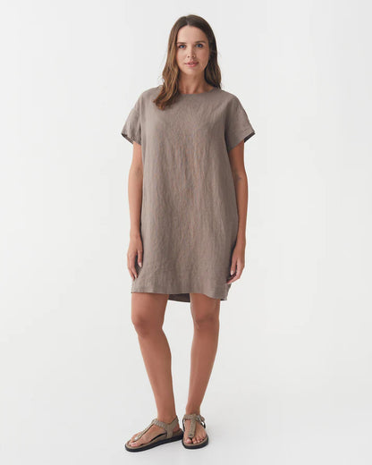 Taupe Linen Mini Dress – Relaxed Fit with Open Back