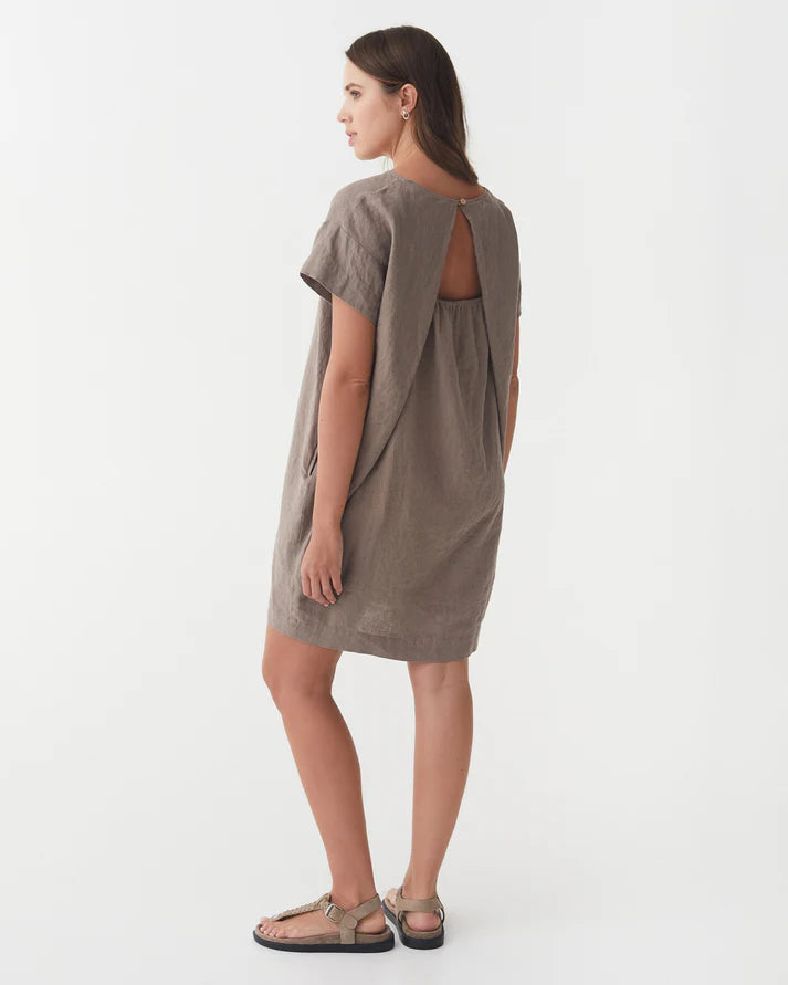 Taupe Linen Mini Dress – Relaxed Fit with Open Back