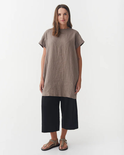 Taupe Linen Mini Dress – Relaxed Fit with Open Back