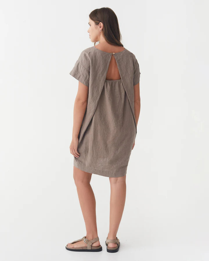 Taupe Linen Mini Dress – Relaxed Fit with Open Back
