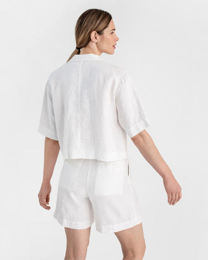 White Linen Camp Shirt with Lapels & Patch Pockets
