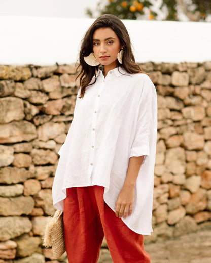 Oversized White Linen Shirt – ¾ Sleeve with Asymmetrical Hem