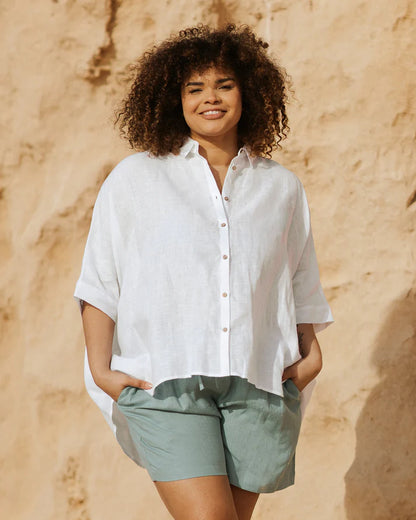 Oversized White Linen Shirt – ¾ Sleeve with Asymmetrical Hem