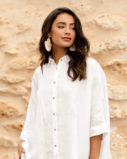 Oversized White Linen Shirt – ¾ Sleeve with Asymmetrical Hem