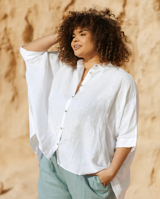 Oversized White Linen Shirt – ¾ Sleeve with Asymmetrical Hem