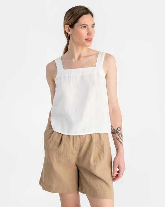 White Linen Tank Top – Square Neck with Wide Straps