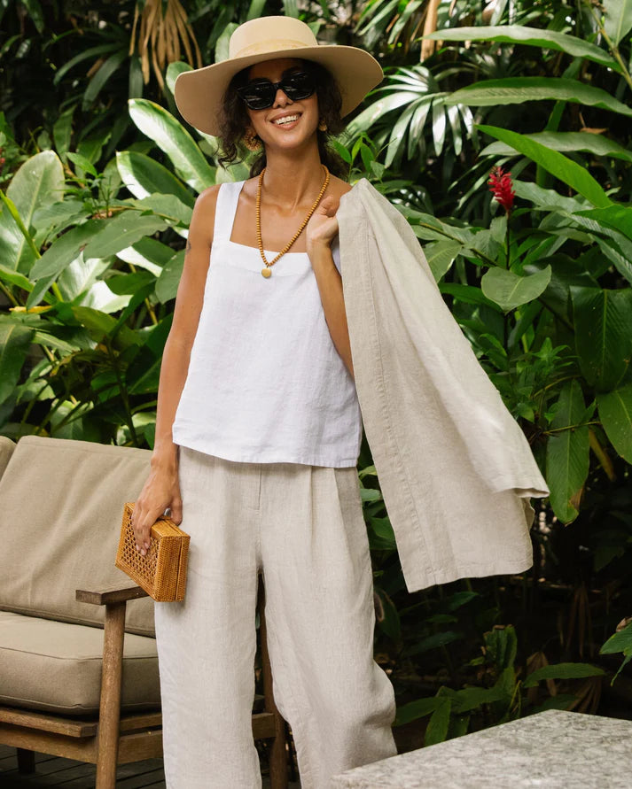 White Linen Tank Top – Square Neck with Wide Straps