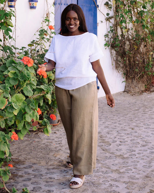 White Linen Top – Boat Neck with Short Sleeves | 100% Egyptian Linen