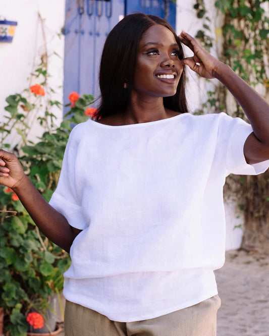 White Linen Top – Boat Neck with Short Sleeves | 100% Egyptian Linen