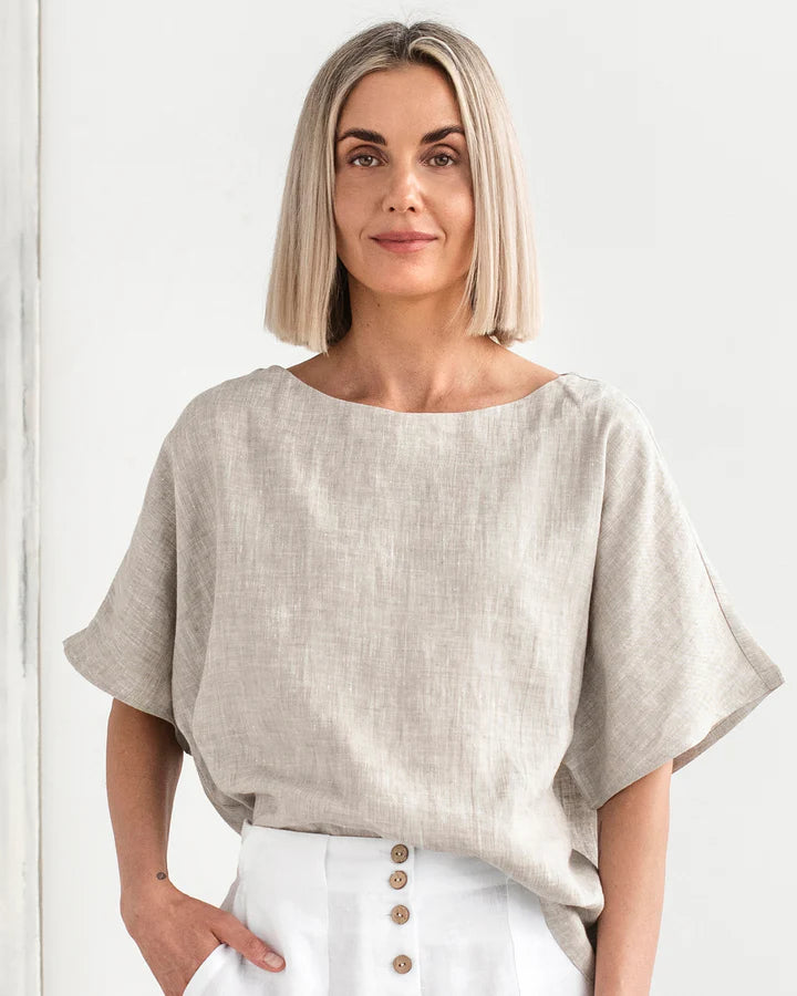 Stone Linen Short Sleeves Top – Loose Fit with Round Neck
