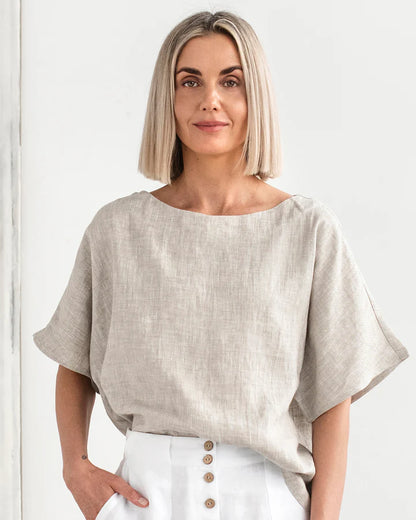 Stone Linen Short Sleeves Top – Loose Fit with Round Neck