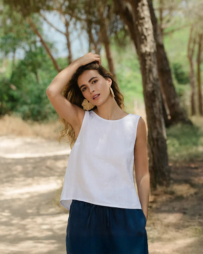 White Linen Split Back Top – Sleeveless & Hip-Length