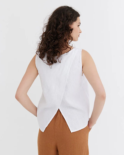 White Linen Split Back Top – Sleeveless & Hip-Length