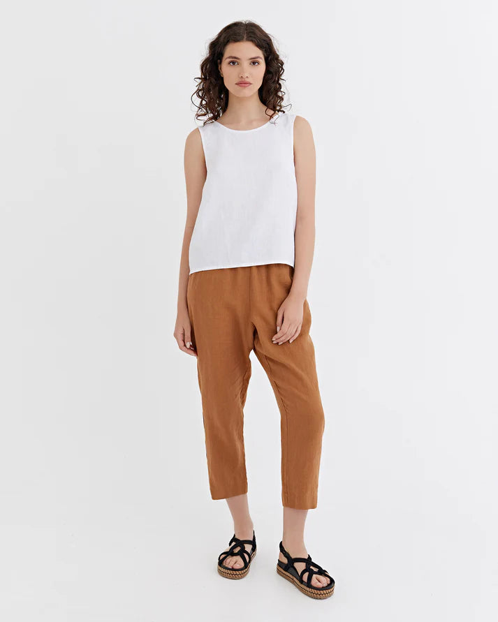 White Linen Split Back Top – Sleeveless & Hip-Length