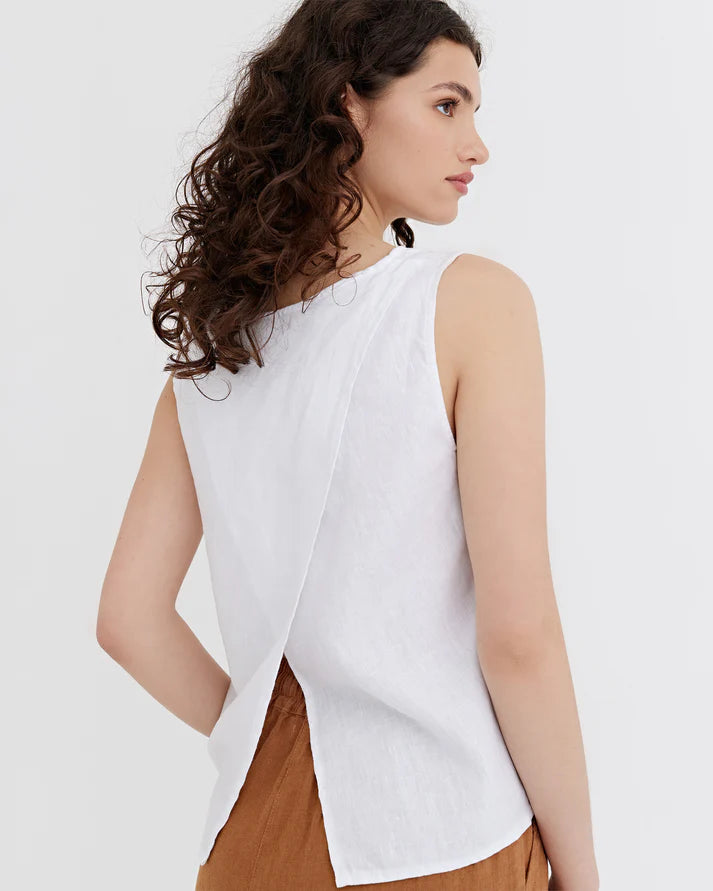 White Linen Split Back Top – Sleeveless & Hip-Length