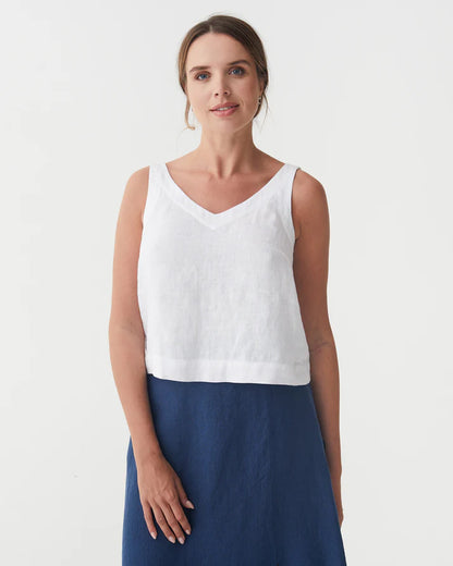 White Linen Sleeveless Top – V-Neck & Relaxed Fit