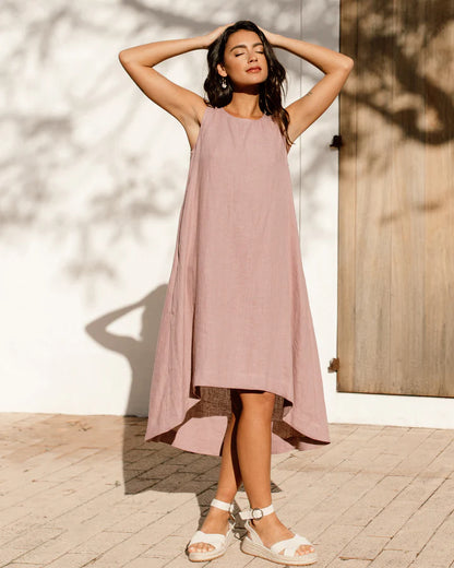 Pink Linen High-Low Dress – Sleeveless with Coconut Button