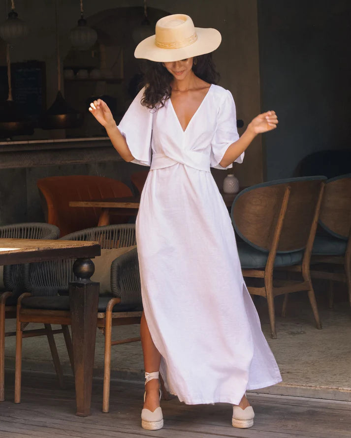 Maxi Linen Dress – V-Neck Draped Front with Tie Waist & Ruffled Sleeves