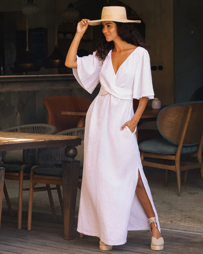 Maxi Linen Dress – V-Neck Draped Front with Tie Waist & Ruffled Sleeves