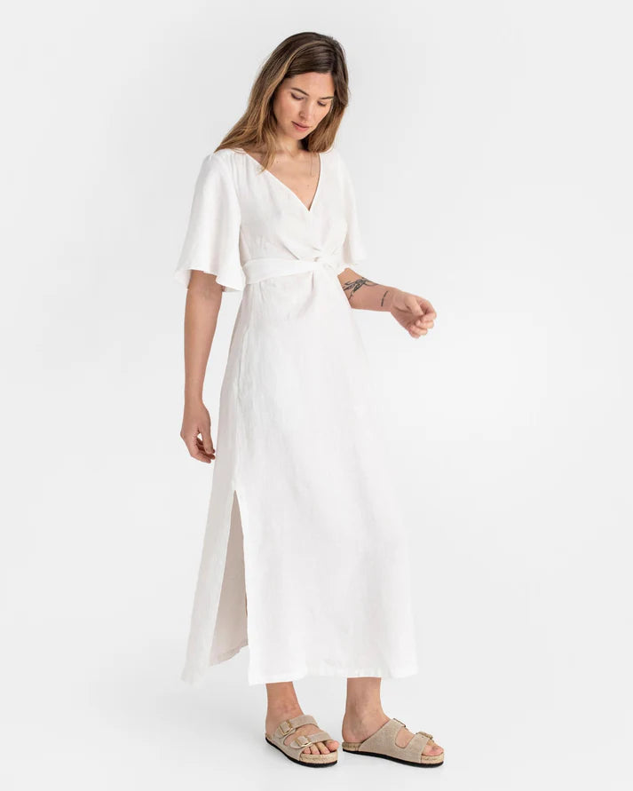 Maxi Linen Dress – V-Neck Draped Front with Tie Waist & Ruffled Sleeves