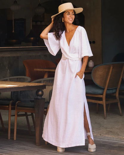 Maxi Linen Dress – V-Neck Draped Front with Tie Waist & Ruffled Sleeves