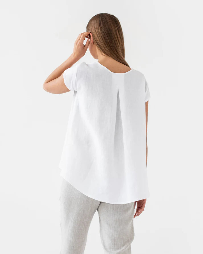 White Oversized Linen Top – Asymmetrical Hem & Short Sleeves