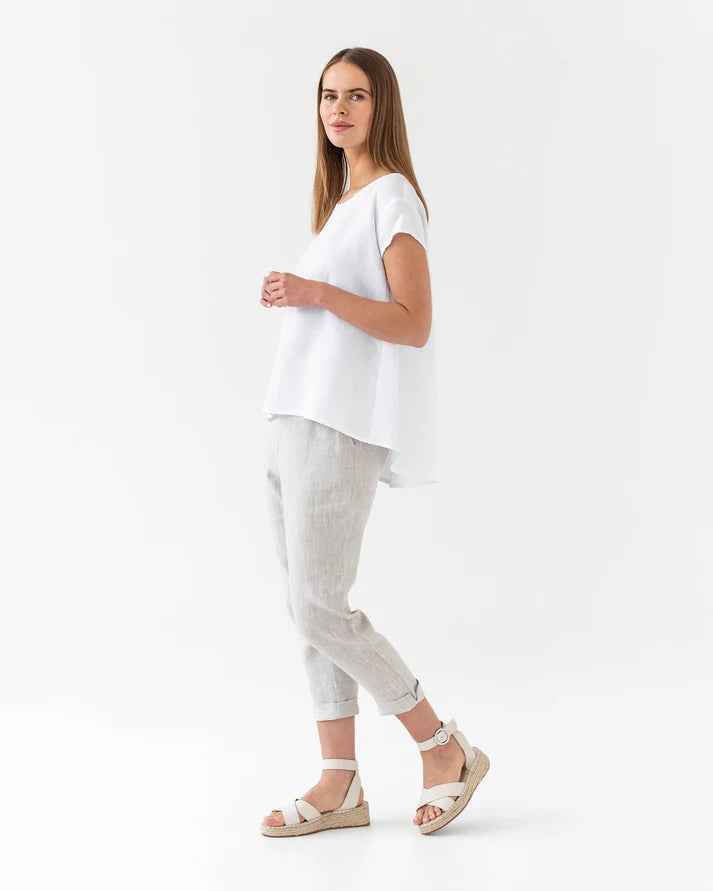 White Oversized Linen Top – Asymmetrical Hem & Short Sleeves