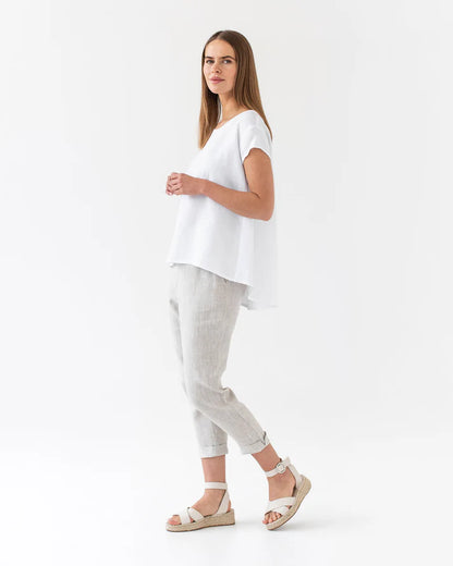 White Oversized Linen Top – Asymmetrical Hem & Short Sleeves