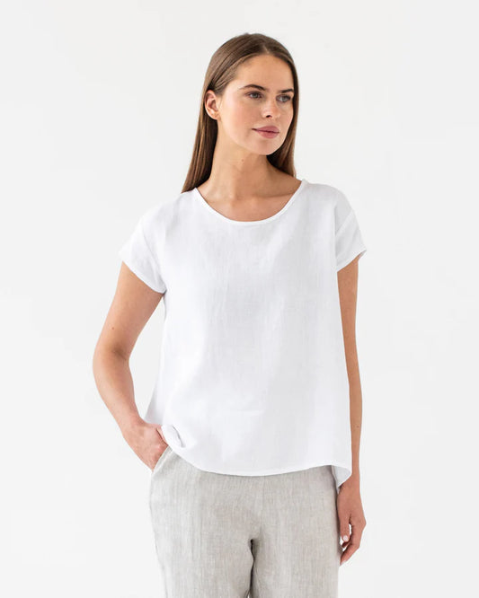White Oversized Linen Top – Asymmetrical Hem & Short Sleeves